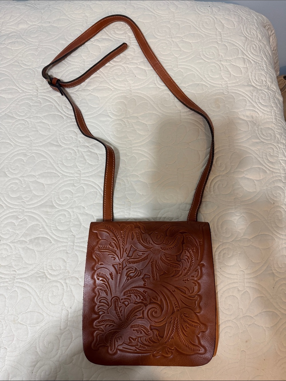 Tooled Brown Leather Crossbody Bag. Patricia Nash